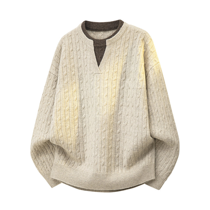 Women's Oversize Cable Knit Sweater with V-Neck and Layered Collar Mune Fashion