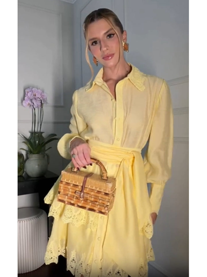 Women Lightweight Shirt Dress with Broderie Anglaise Hem and Wrap Belt Mune Fashion