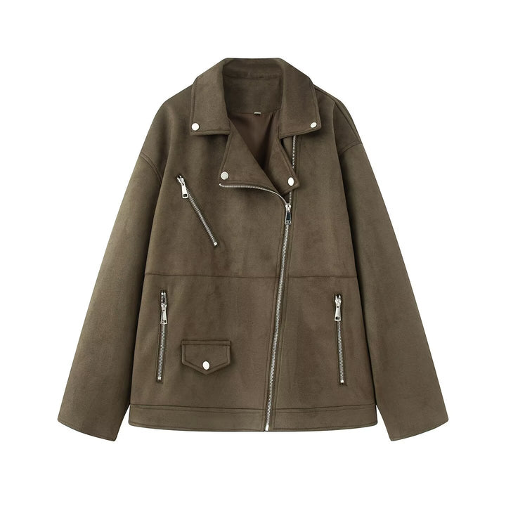 Women Asymmetrical Suede Leather Look Biker Jacket with Stand-Up Collar and Zippers Mune Fashion