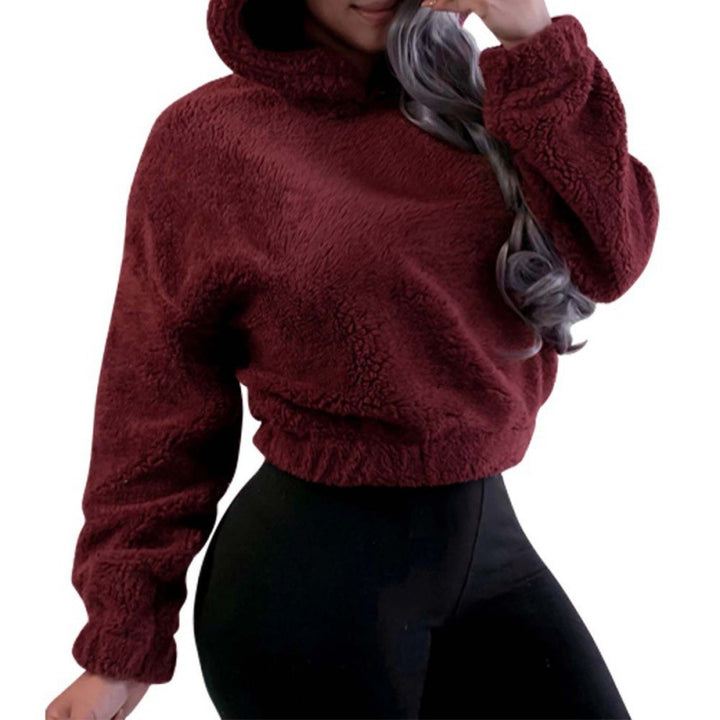 Women's Short Hooded Sherpa Pullover with Kangaroo Pocket and Elastic Hem Mune Fashion