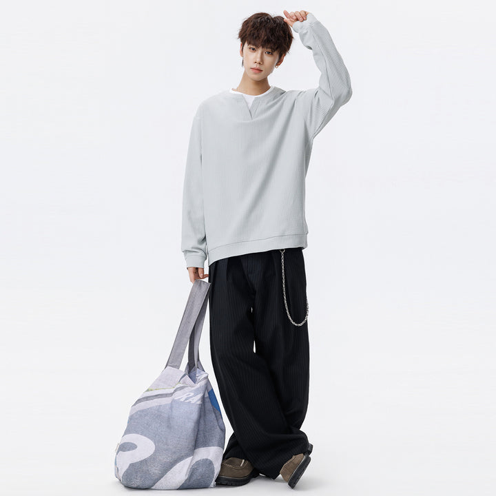 Men's Oversized Waffle Structure Long Sleeve Shirt with V Insert and Layering Look Mune Fashion