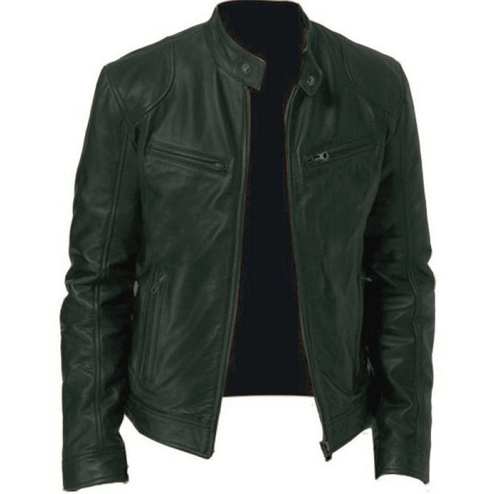 Men's slim genuine leather biker jacket with stand-up collar, two zippered chest pockets and straight silhouette Mune Fashion