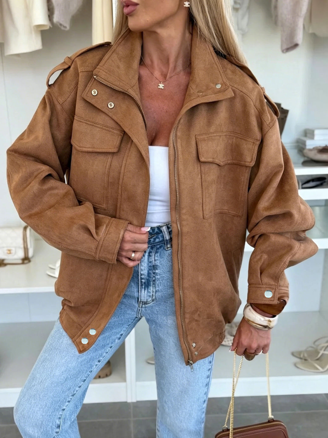Women's Oversized Jacket in Suede Look with Chest Pockets and Epaulettes Mune Fashion