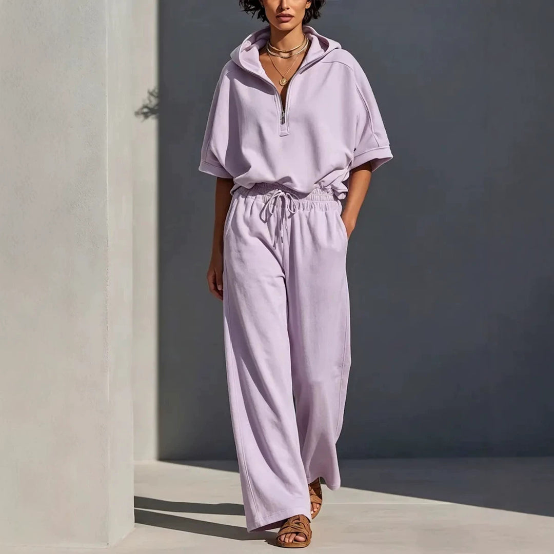 Women's Casual Lounge Set with Half-Zip Hoodie and Wide Palazzo Pants Mune Fashion