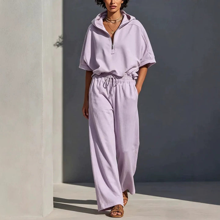 Women's Casual Lounge Set with Half-Zip Hoodie and Wide Palazzo Pants Mune Fashion