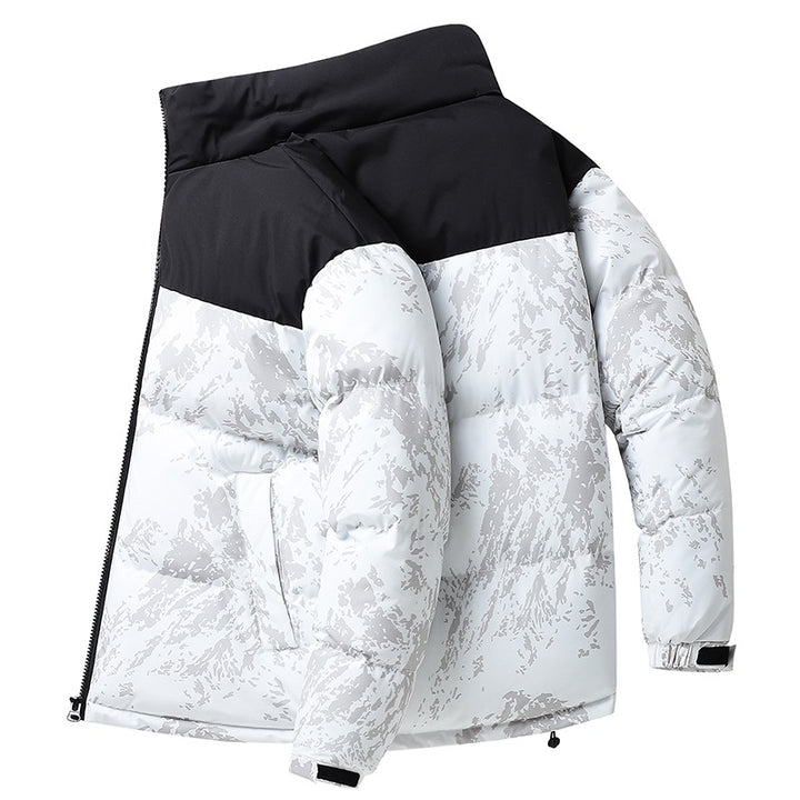 Men's Padded Quilted Jacket with Camouflage Print, High Stand-Up Collar & Adjustable Hem Mune Fashion