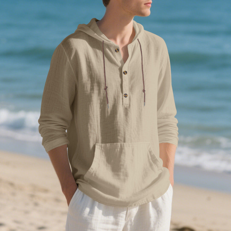 Men's Lightweight Hooded Henley Made of Cotton-Linen with Kangaroo Pocket Mune Fashion