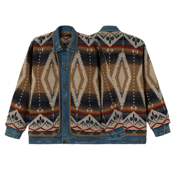 Unisex Short Woven Aztec Cardigan with Denim Trim Mune Fashion