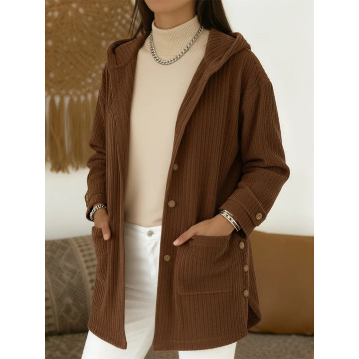 Women's Long Hooded Knitted Cardigan with Ribbed Texture, Button Placket and Side Pockets Mune Fashion