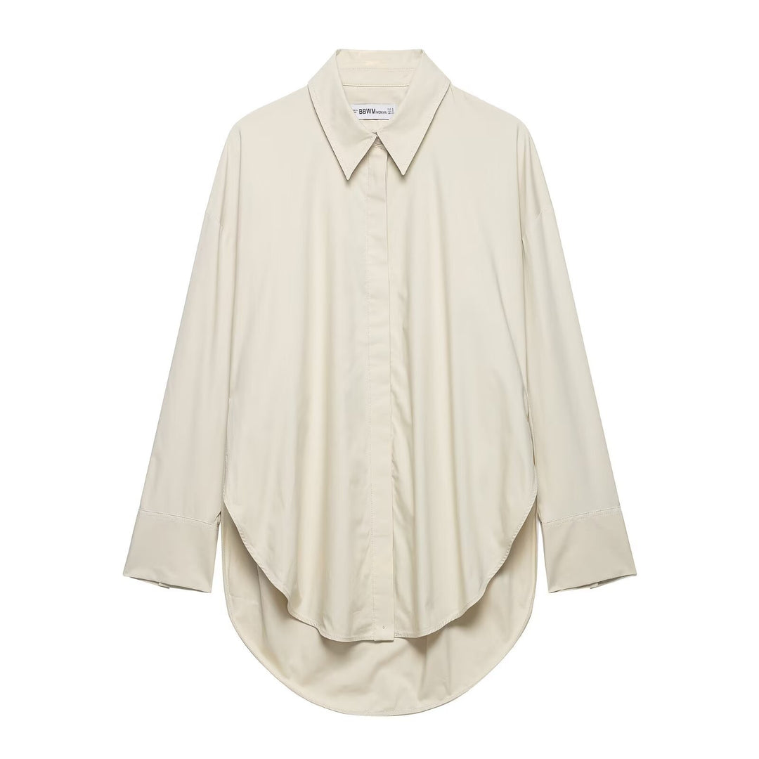 Women's Oversized Shirt with Extended Rounded Hem and Concealed Button Placket Mune Fashion