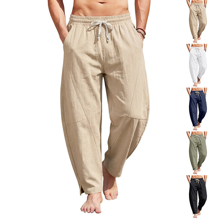 Men's ankle-length casual trousers made of linen blend with elastic drawstring waistband and side slits.