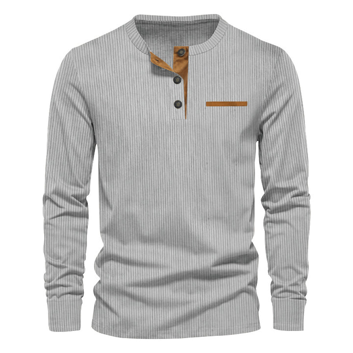 Men's long sleeve Henley with fine rib structure, slim silhouette, and chest piping Mune Fashion