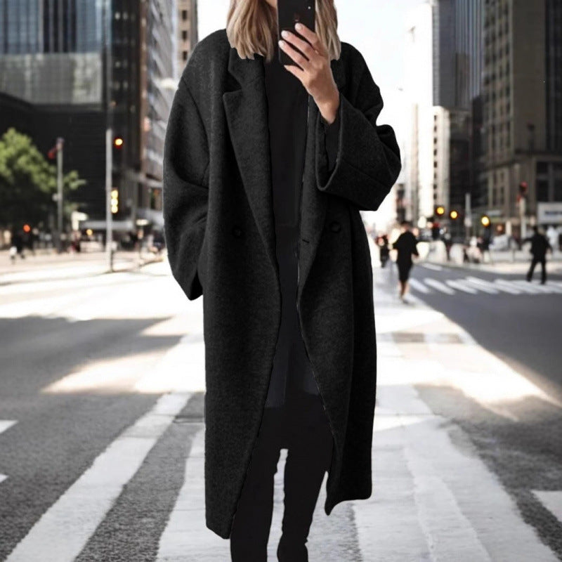 Women's Oversized Wool Blend Coat with Double-Breasted Button Placket, Wide Lapel Collar and Patch Pockets Mune Fashion