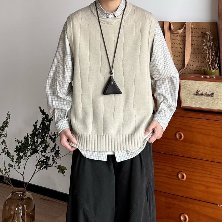 Men's Oversized Sleeveless Knit Vest with Ribbed Hem and Round Neckline Mune Fashion