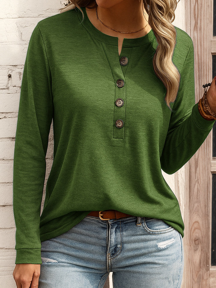 Women's Long Sleeve Henley Shirt with Button Placket and Notch Neckline Mune Fashion
