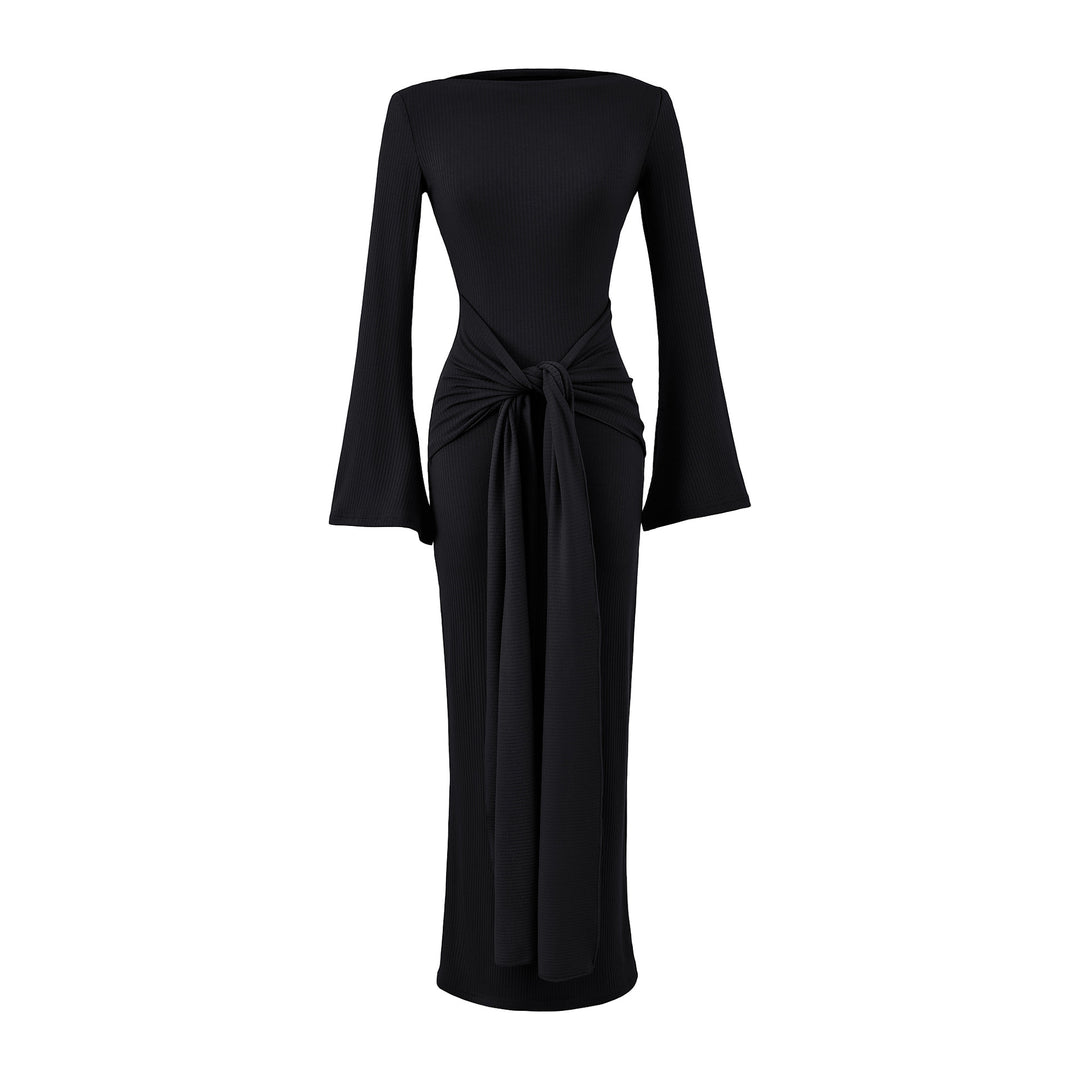 Ladies maxi dress made of ribbed knit with trumpet sleeves and waist knot detail Mune Fashion