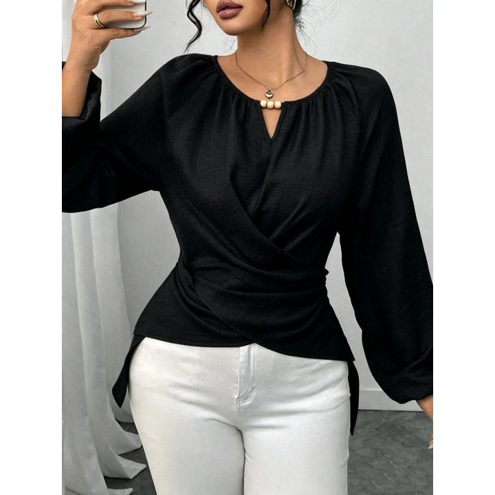 Women Tailored Wrap Blouse with Pearl Detail and Balloon Sleeves Mune Fashion