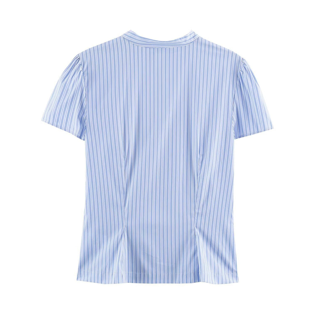 Women's short-sleeved striped blouse jacket with stand-up collar and asymmetrical button placket Drune