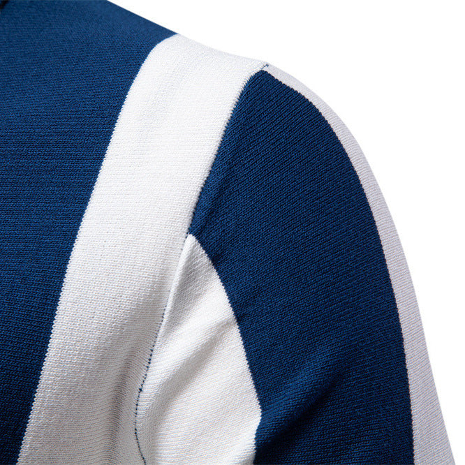 Men's short-sleeved fine knit half-zip polo with distinctive block stripes and Kent collar Mune Fashion