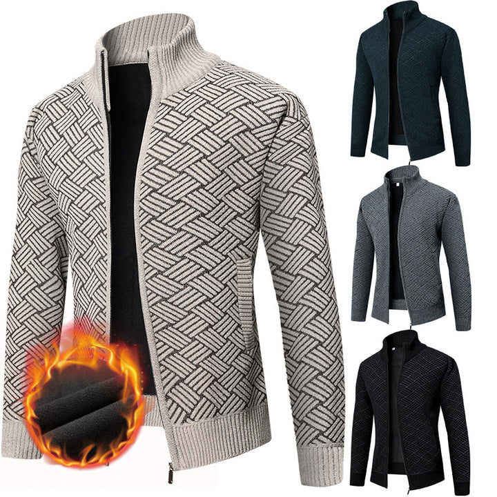 Men's Thermal Knit Zip Jacket with Jacquard Pattern and Fleece Lining Mune Fashion