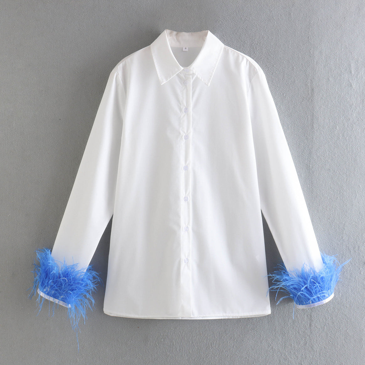 Ladies Elegant Cotton Blouse with Feather Trim at Cuffs and Classic Shirt Collar Mune Fashion