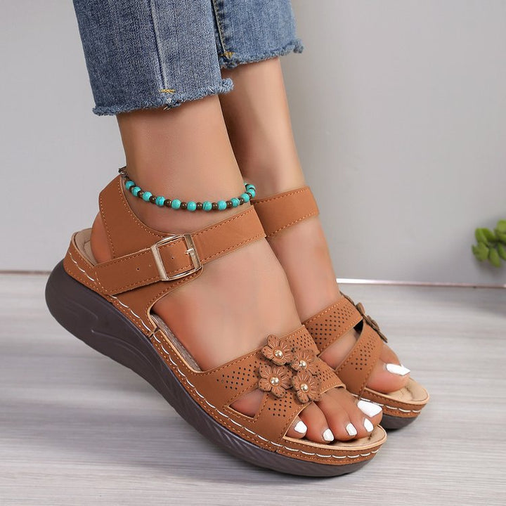 Women's Comfortable Wedge Sandals with Floral Decorative Detail, Padded Comfort Insole and Adjustable Ankle Strap Mune Fashion