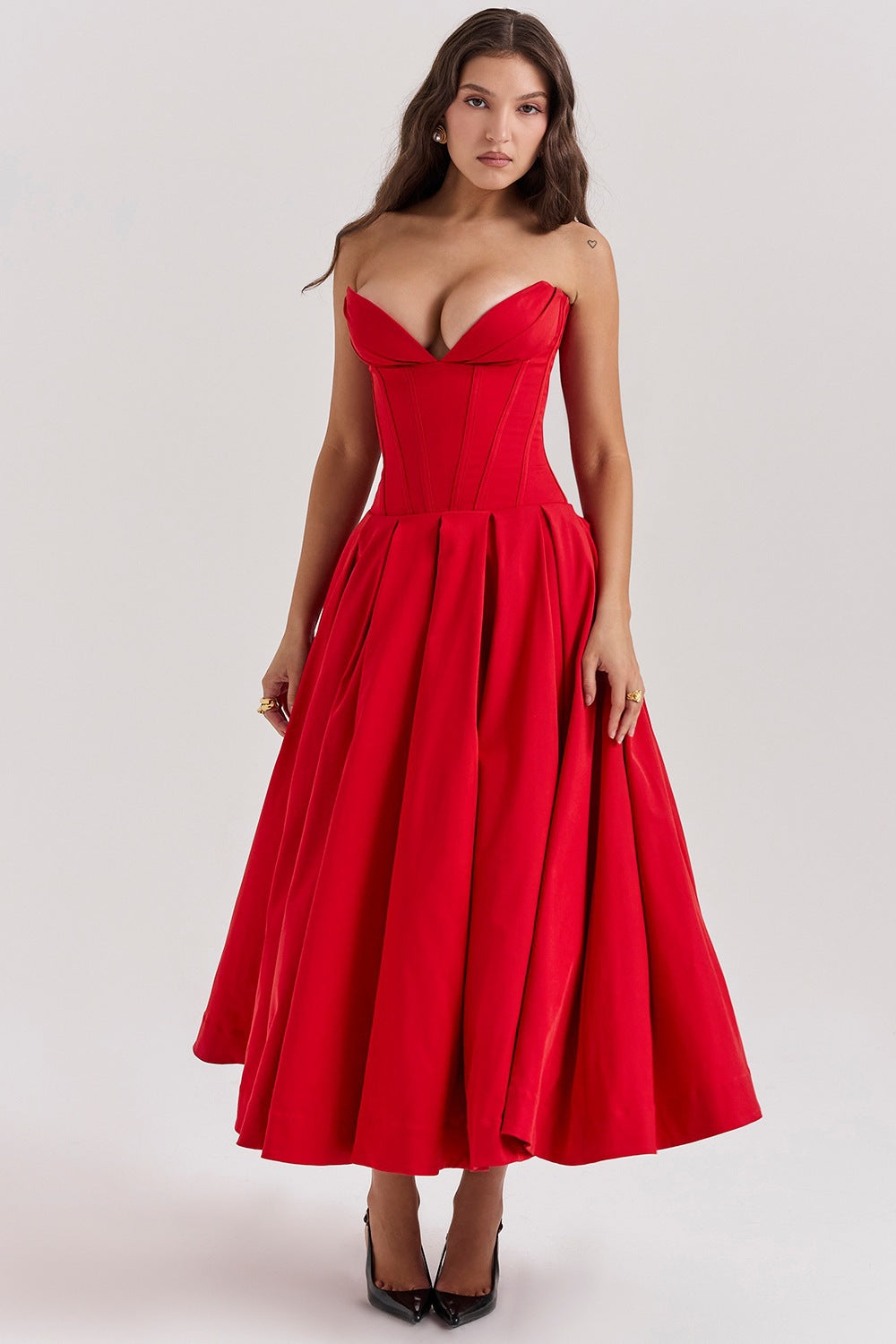 Women's strapless corset midi dress with pre-shaped bodice construction and flared circle skirt Mune Fashion