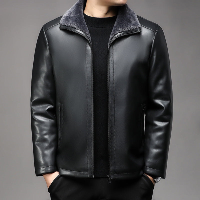 Men's Smooth Leather Blouson with Teddy Collar and Warm Faux Fur Lining Mune Fashion
