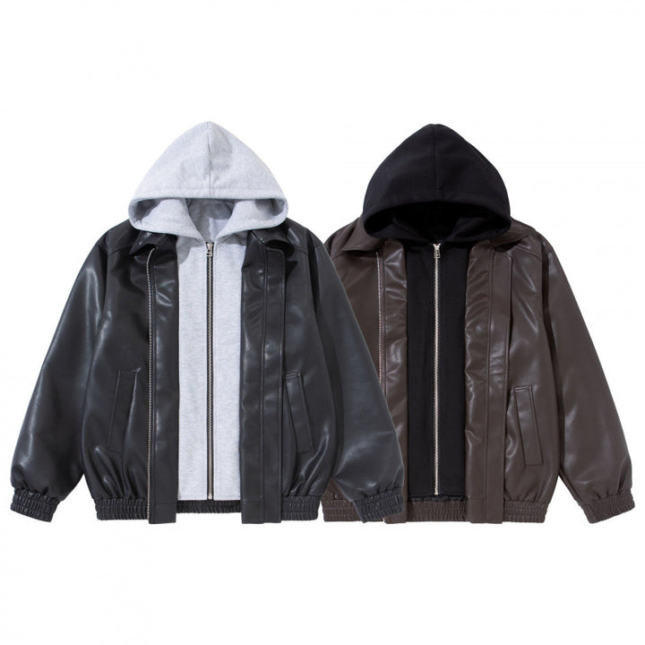 Unisex Oversize Faux Leather Bomber Jacket with Contrasting Hood, Zipper and Elastic Hem Mune Fashion