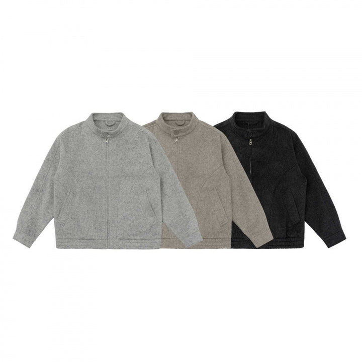 [Unisex] Boxy Wool Blend Zip Jacket in Overshirt Style with Short Stand-Up Collar Mune Fashion