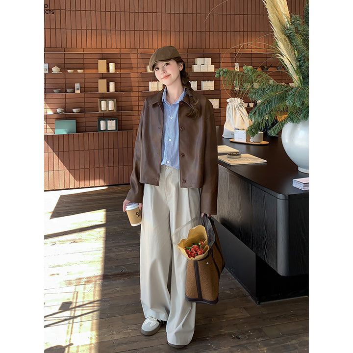 Women Short Boxy Leather Jacket with Shirt Collar Mune Fashion