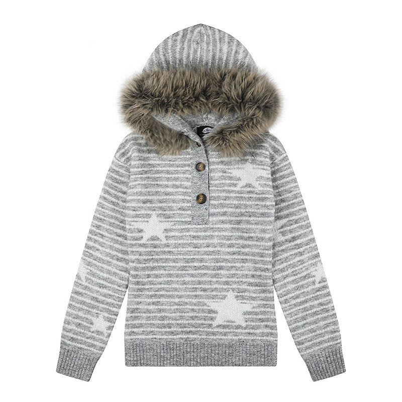 Women's hooded sweater made of fine knit with faux fur trim, star stripe pattern and button placket Mune Fashion