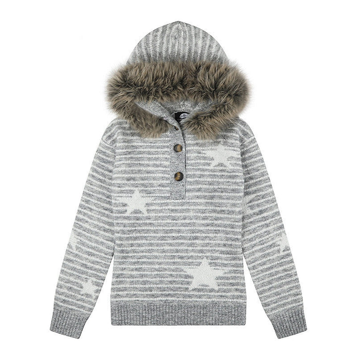 Women's hooded sweater made of fine knit with faux fur trim, star stripe pattern and button placket Mune Fashion