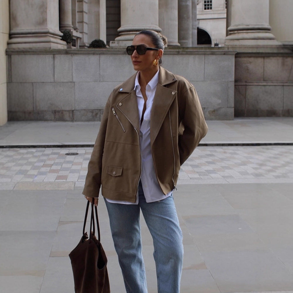 Women Oversize Biker Jacket made of suede imitation with asymmetric zipper Mune Fashion