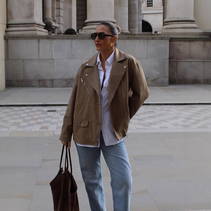Women Oversize Biker Jacket made of suede imitation with asymmetric zipper Mune Fashion