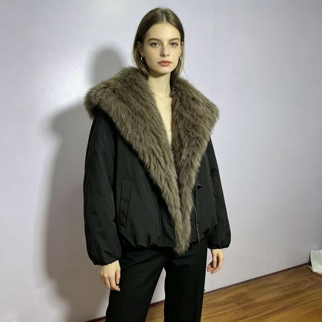 Women nan short bomber parka with oversized faux fur collar and adjustable drawstring hem Mune Fashion