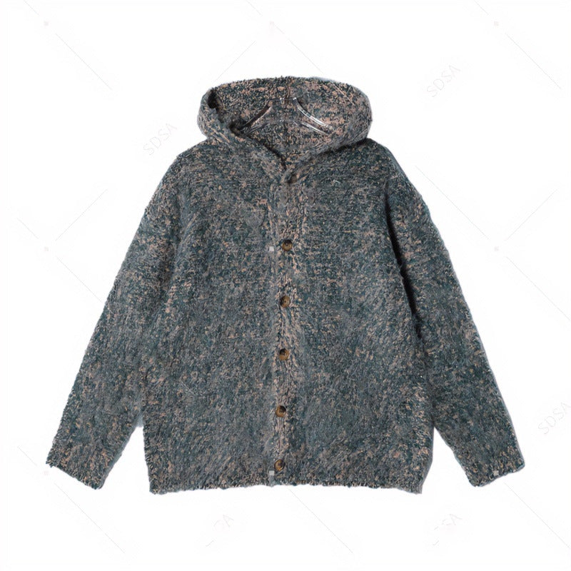Women's Fluffy Hooded Cardigan with Button Placket and Mélange Bouclé Look Mune Fashion