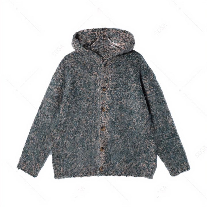 Women's Fluffy Hooded Cardigan with Button Placket and Mélange Bouclé Look Mune Fashion