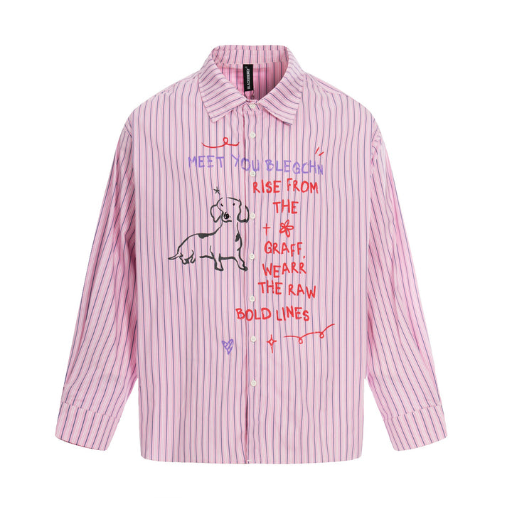 Women's Oversize Shirt Blouse with Striped Texture and Hand-Drawn Graphic Print Mune Fashion