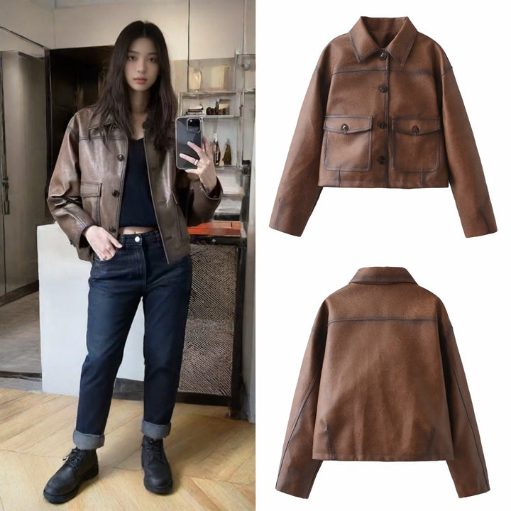 Women's Short Oversized Faux Leather Jacket with Shirt Collar and Flap Pockets Mune Fashion