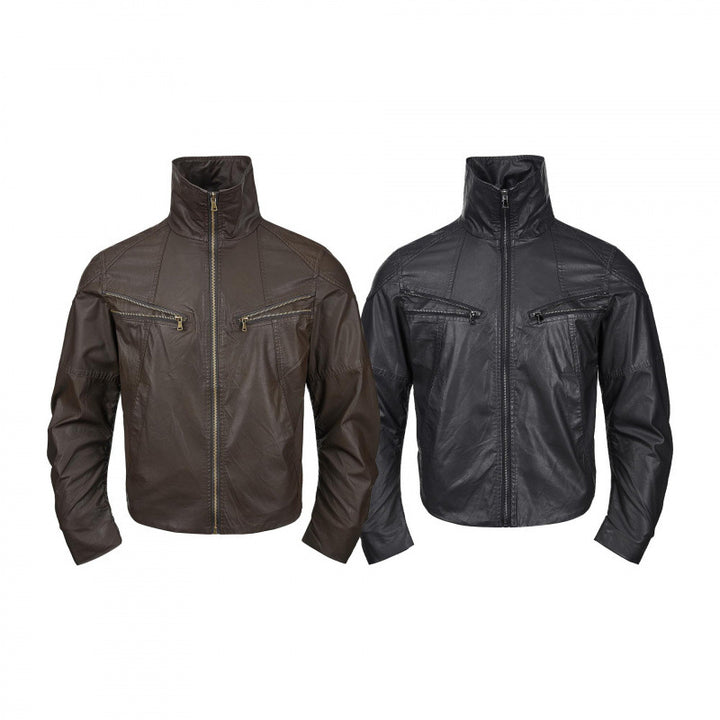 Men's short jacket in leather look with high stand-up collar, two diagonal chest zippers and vintage metal details Mune Fashion