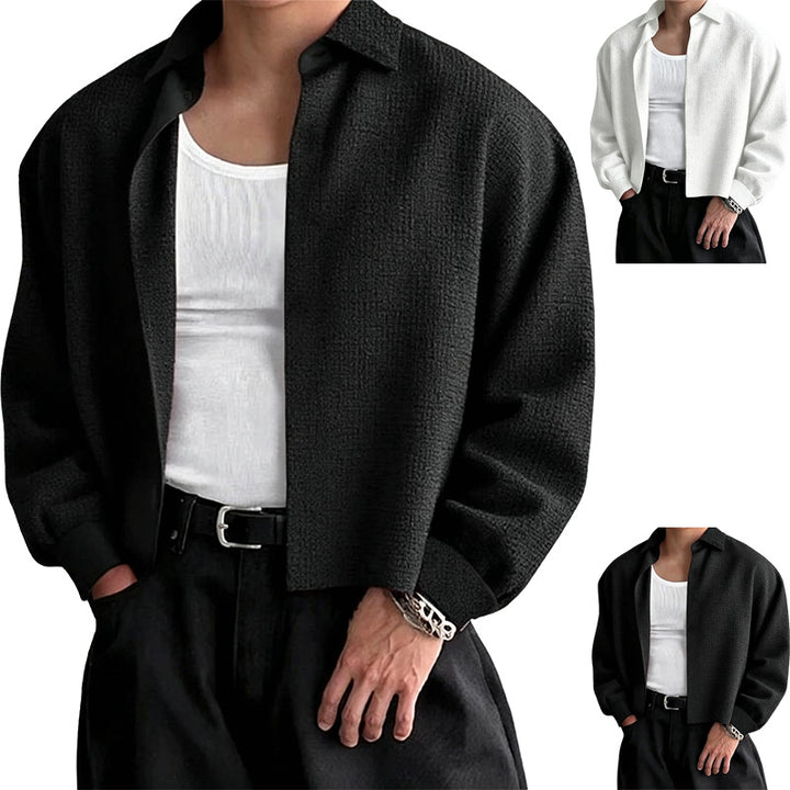 Men's Long Sleeve Textured Linen-Cotton Shirt with Classic Kent Collar Mune Fashion