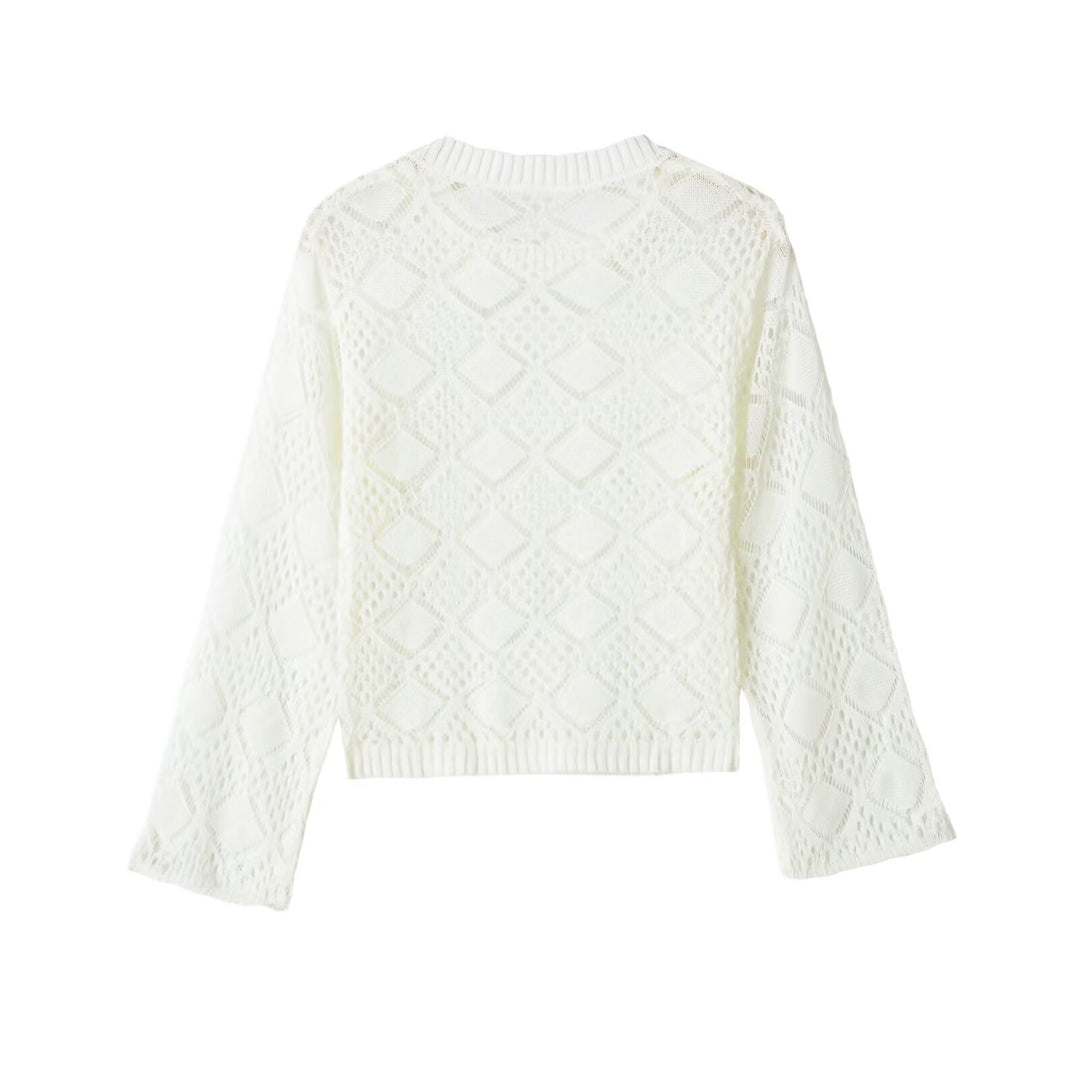Ladies Ajour knitted cropped sweater with round neck and diamond pattern Mune Fashion