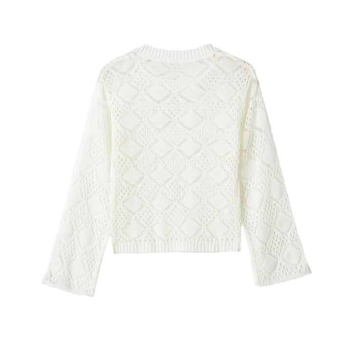 Ladies Ajour knitted cropped sweater with round neck and diamond pattern Mune Fashion