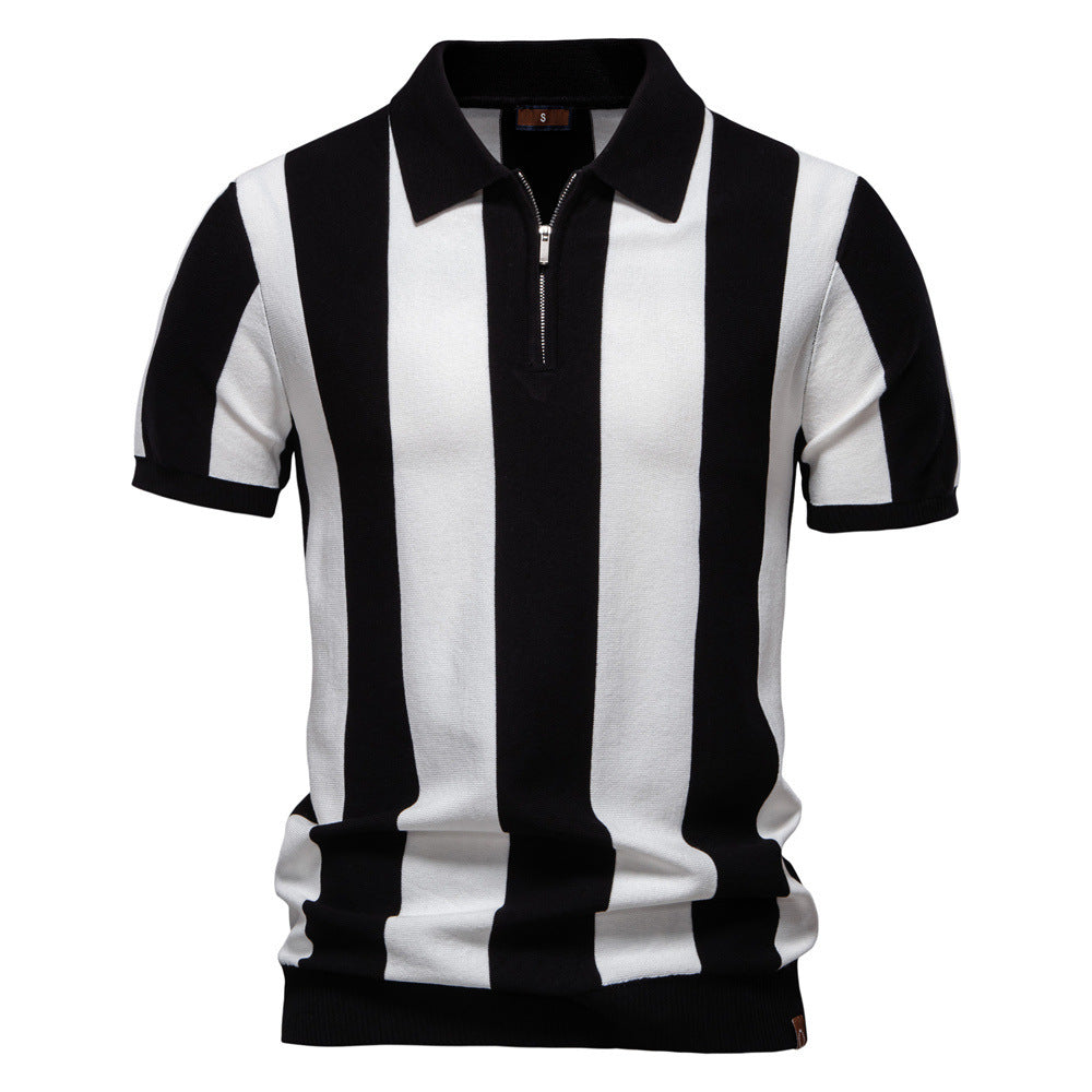 Men's short-sleeved fine knit half-zip polo with distinctive block stripes and Kent collar Mune Fashion