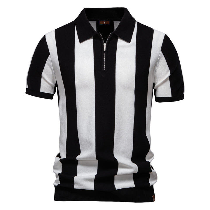 Men's short-sleeved fine knit half-zip polo with distinctive block stripes and Kent collar Mune Fashion