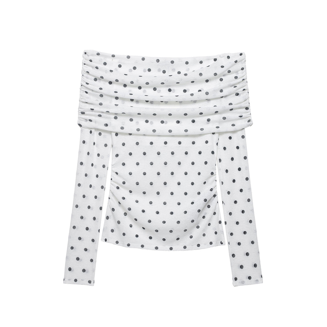 Women's Off-Shoulder Long Sleeve Top with Draped Overlap Collar and Polka Dot Pattern Mune Fashion