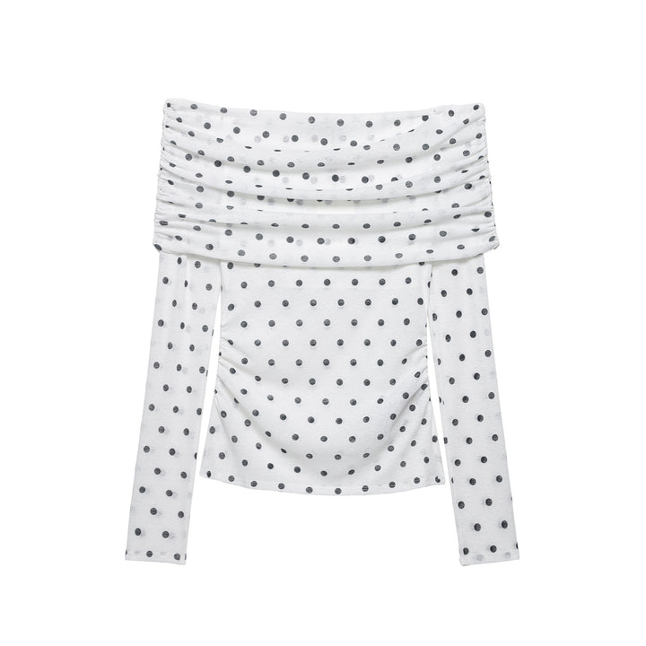 Women's Off-Shoulder Long Sleeve Top with Draped Overlap Collar and Polka Dot Pattern Mune Fashion