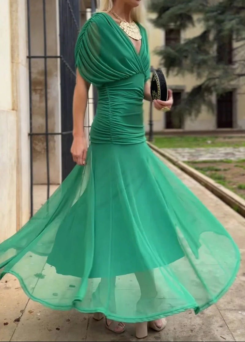 Ladies elegant floor-length evening dress with draped shoulder area and airy chiffon skirt Mune Fashion