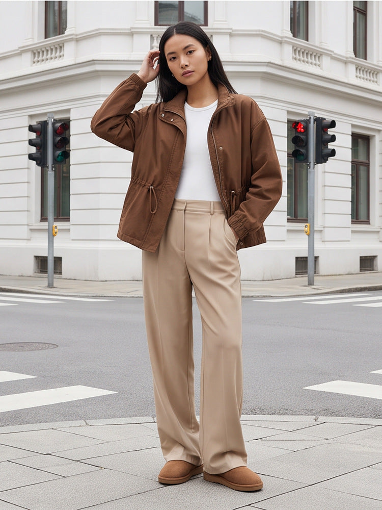 Women's utility field jacket with drawstring waist, high collar, and elastic cuffs Mune Fashion
